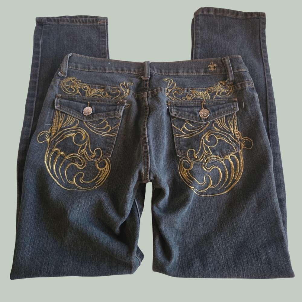 Old Skool Y2K Baggy Flowy Embroidered Jeans Dark Wash Gold Scroll Size 11